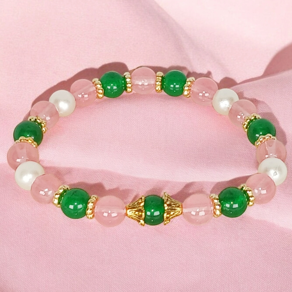Green Jade Pearl & Pink Bracelet New Preppy Coquette Core Lolita Dollette Y2K